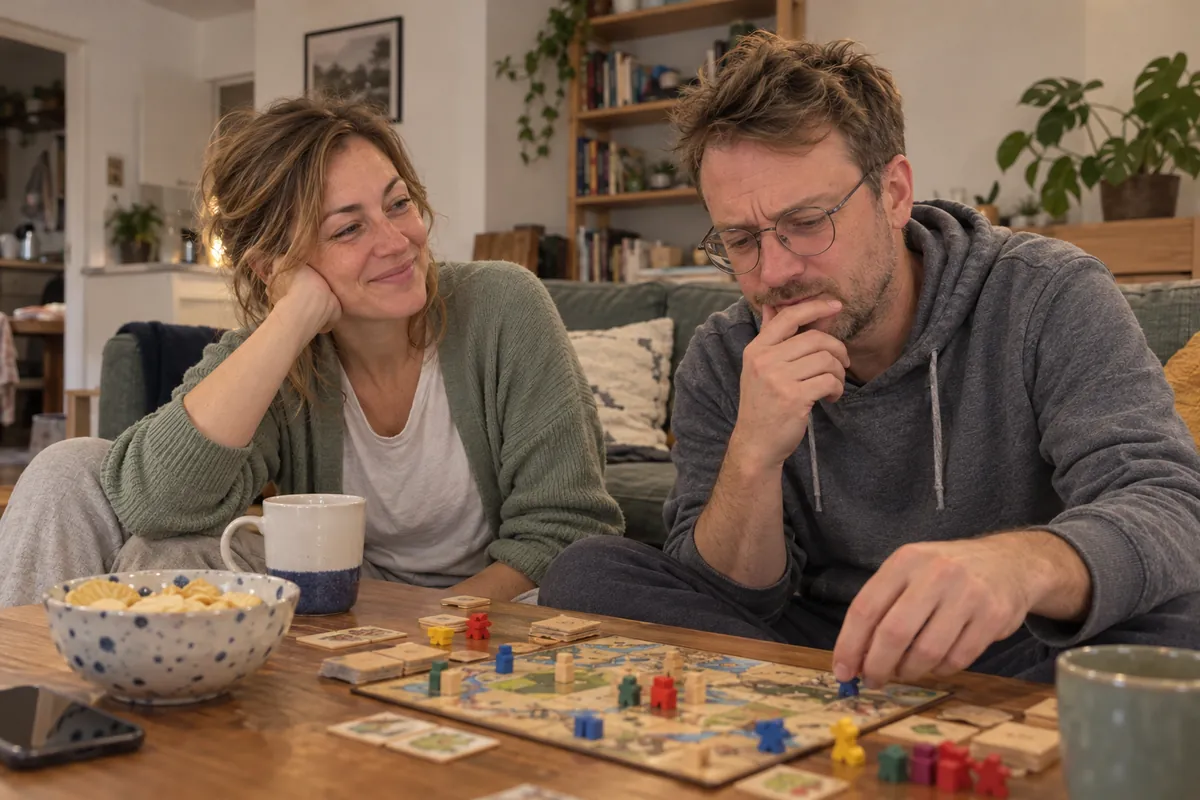 Woman smiling at her partner as he studies his next move in a board game on the coffee table, a bowl of crackers beside them