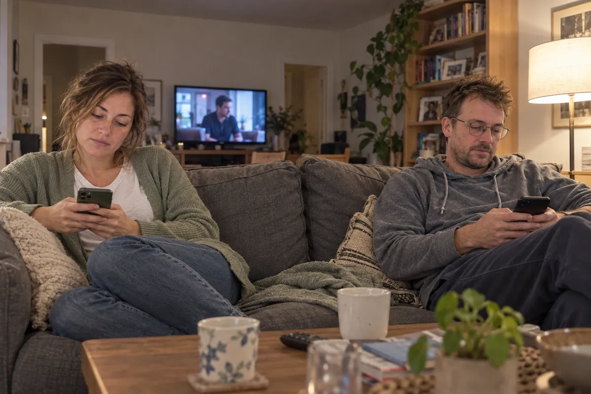 Couple at opposite ends of a grey sofa in the evening, both looking at their phones while the TV plays