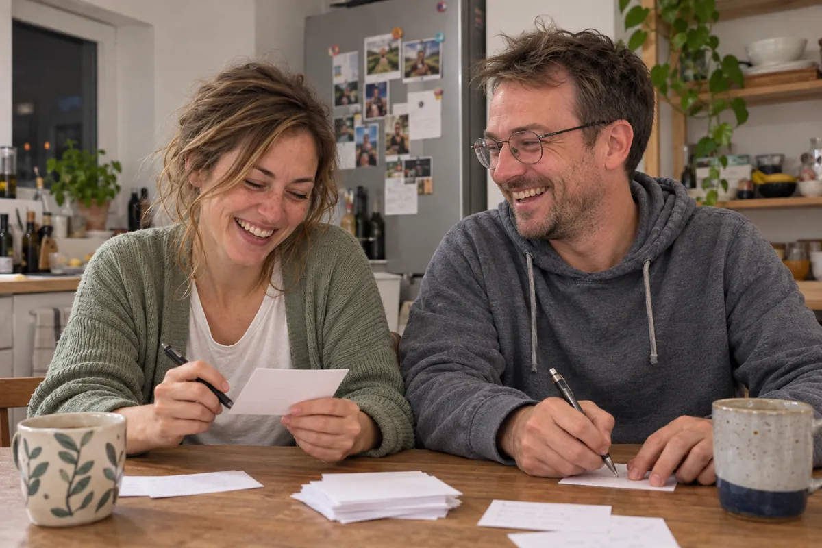 Couple laughing at a kitchen table while writing on white index cards, two mugs in front and photos on the fridge behind