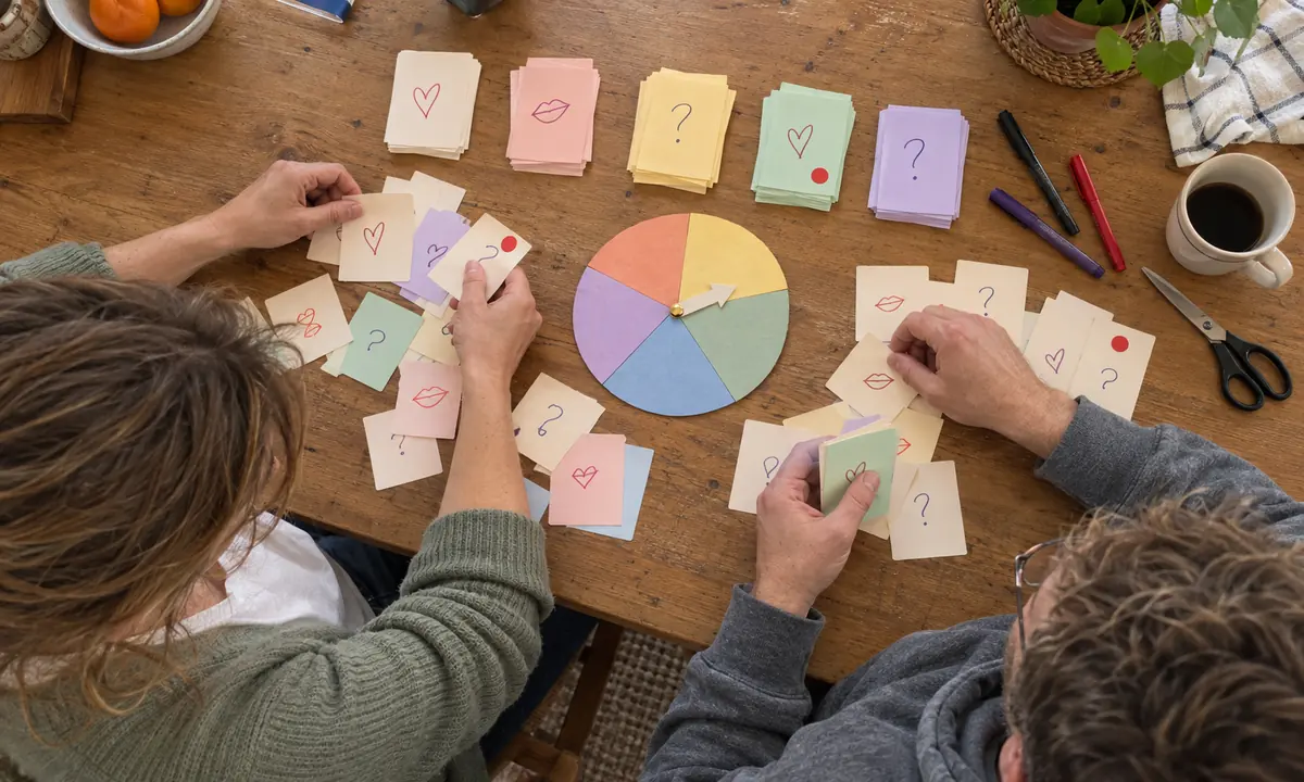 Two people sorting handmade cards doodled with hearts, lips and question marks into five piles around a five-colour paper spinner