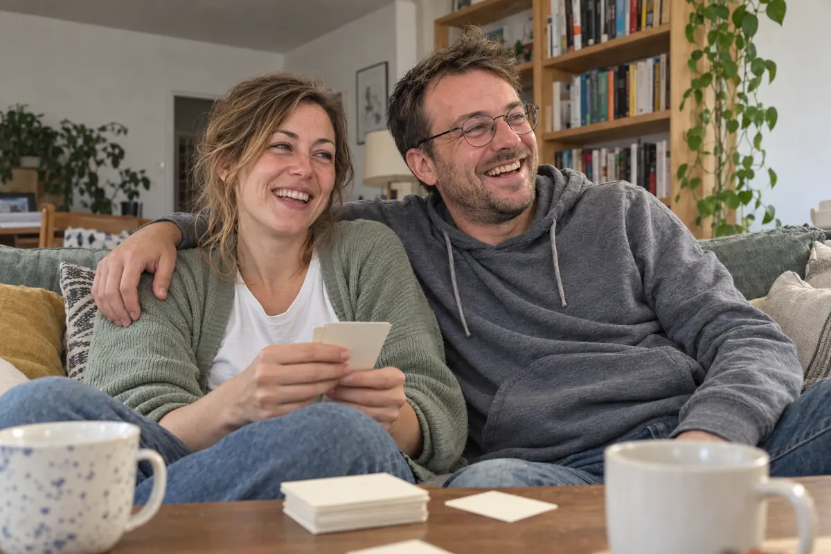 Nora and Ben on their sofa, his arm around her, both laughing, a stack of cards and two mugs on the coffee table