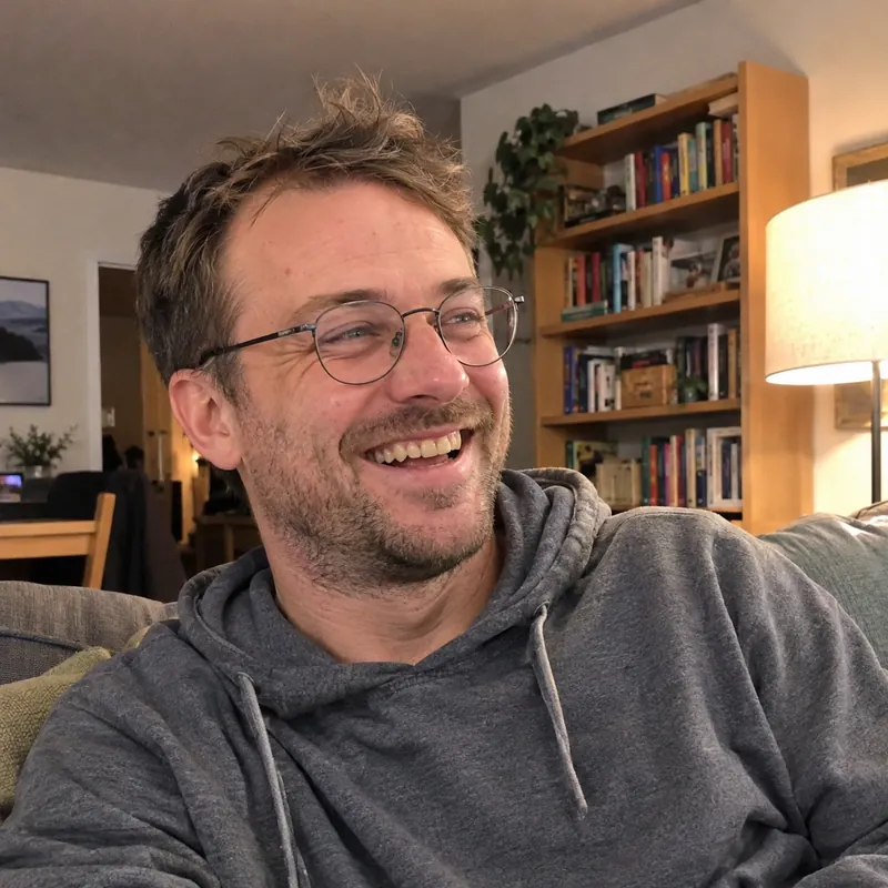 Ben Ellison laughing on the sofa in a grey hoodie and thin glasses, bookshelves behind him
