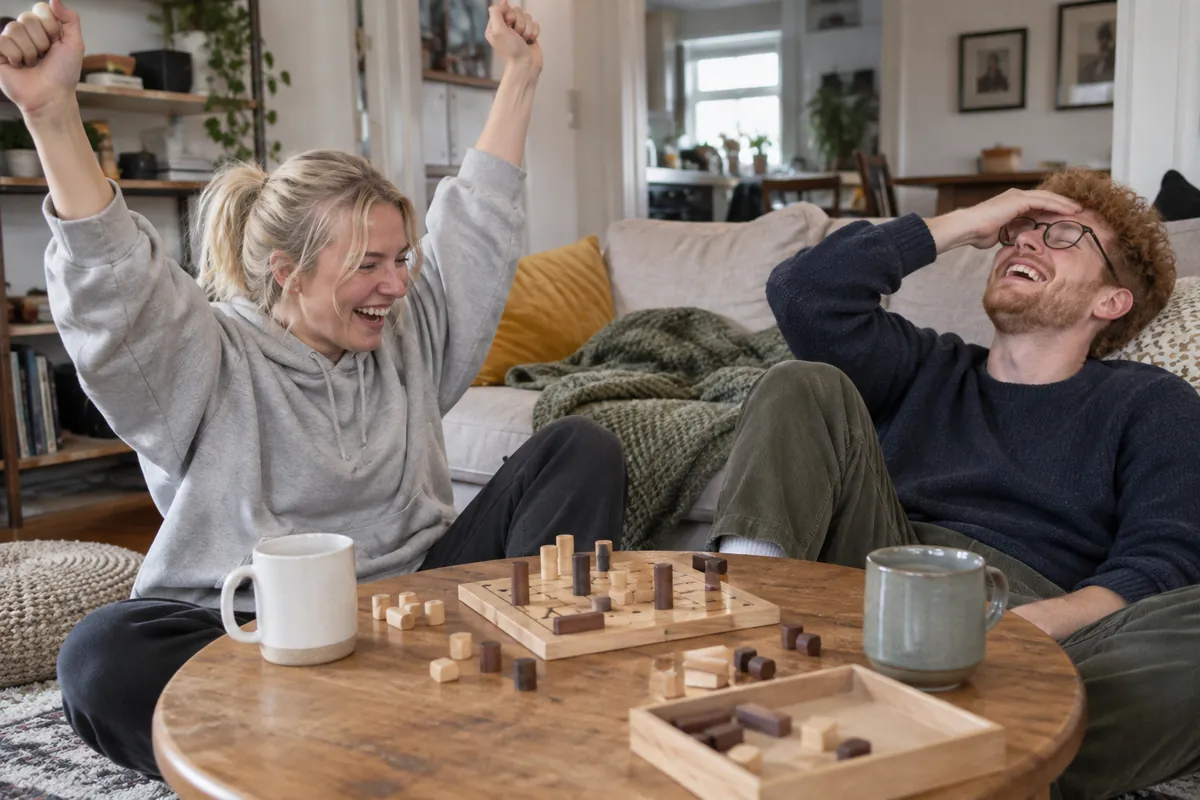 Woman throws both arms up after winning a wooden board game while her curly-haired partner leans back laughing