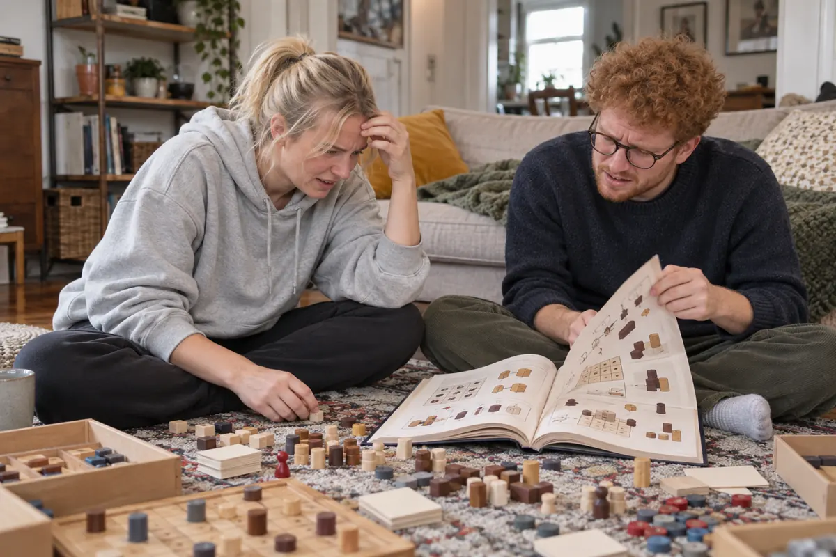Couple on the floor puzzling over a thick board game rulebook, dozens of wooden pieces scattered around them