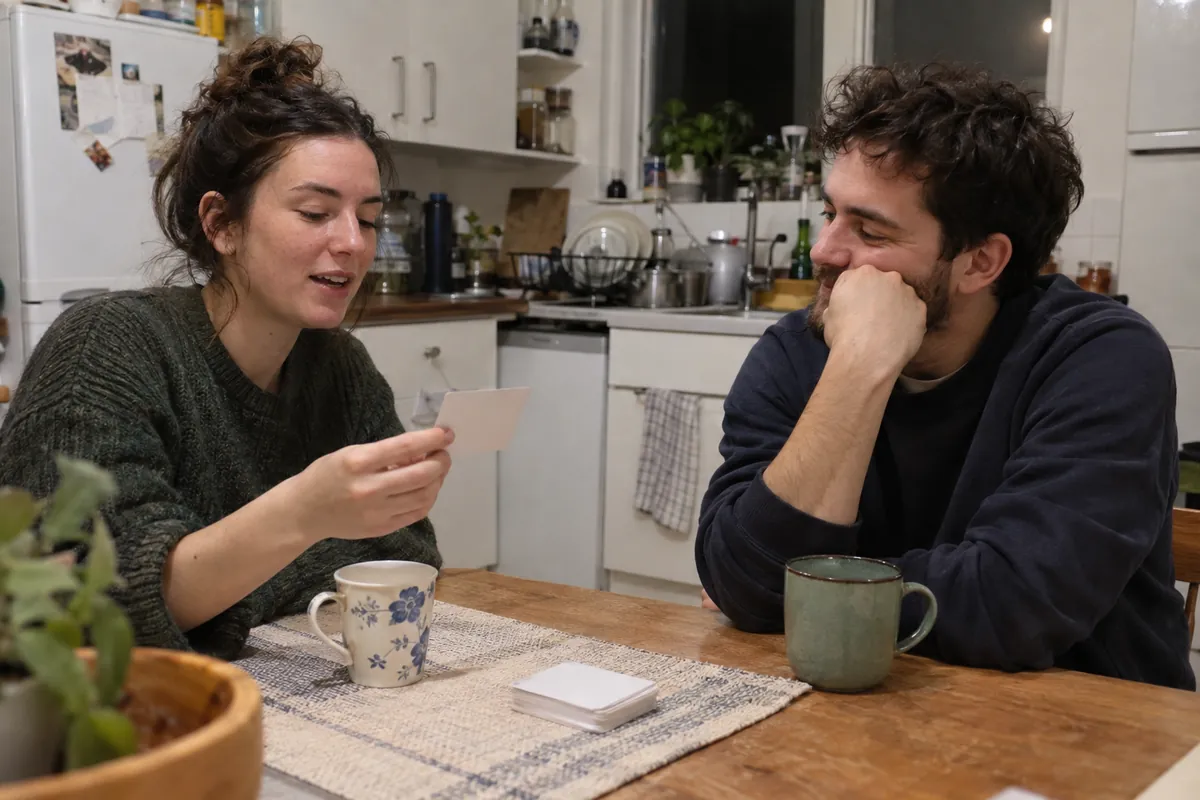 Woman reads a question card aloud at a kitchen table while her partner listens with his chin on his hand, two mugs between them