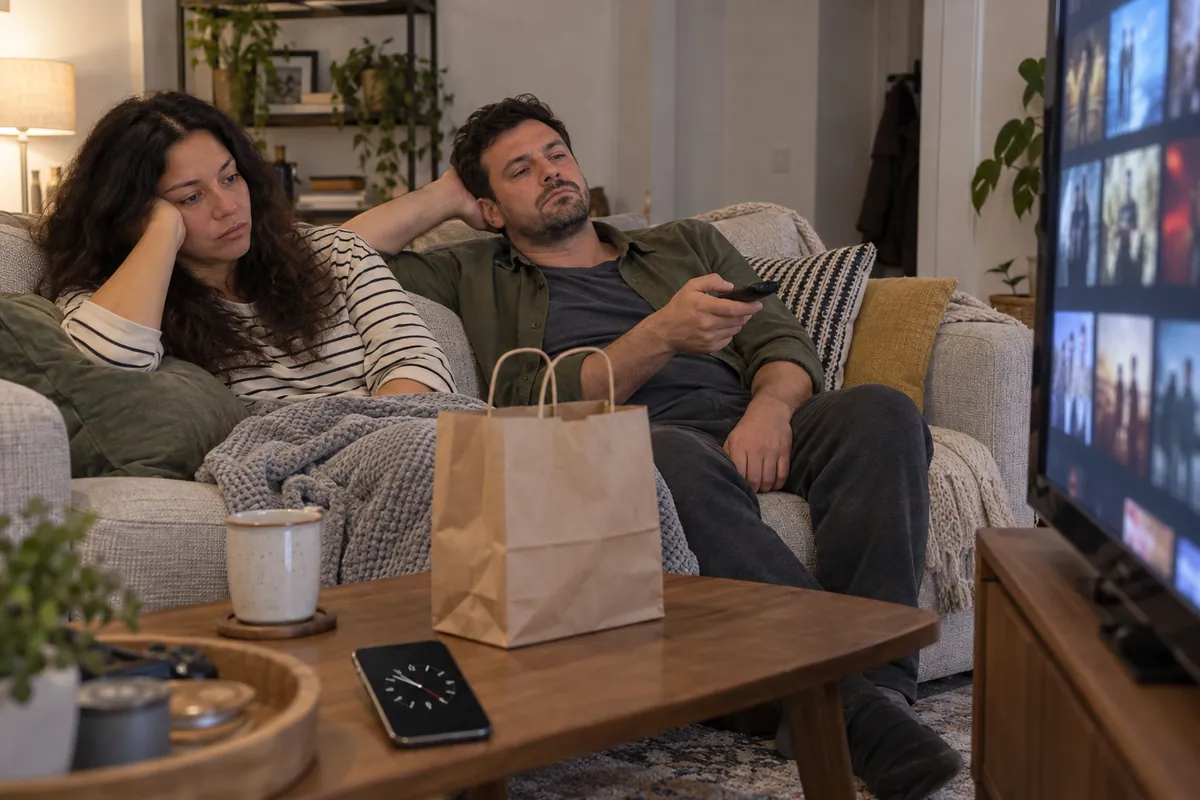 Couple slumped on the sofa scrolling a streaming menu with the remote, an unopened takeout bag on the coffee table