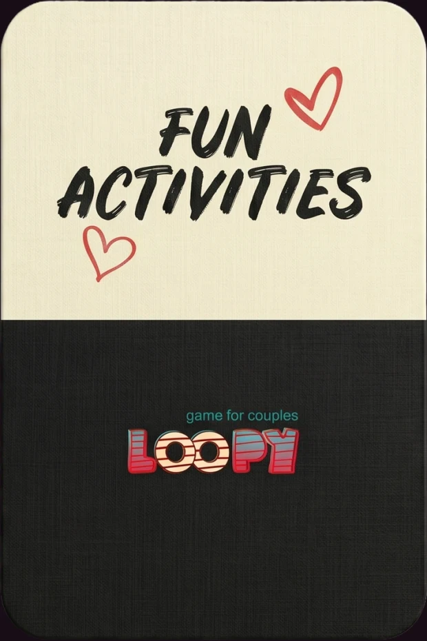 Back of a Loopy Fun Activities card: cream top with the deck name, black lower half with the Loopy logo