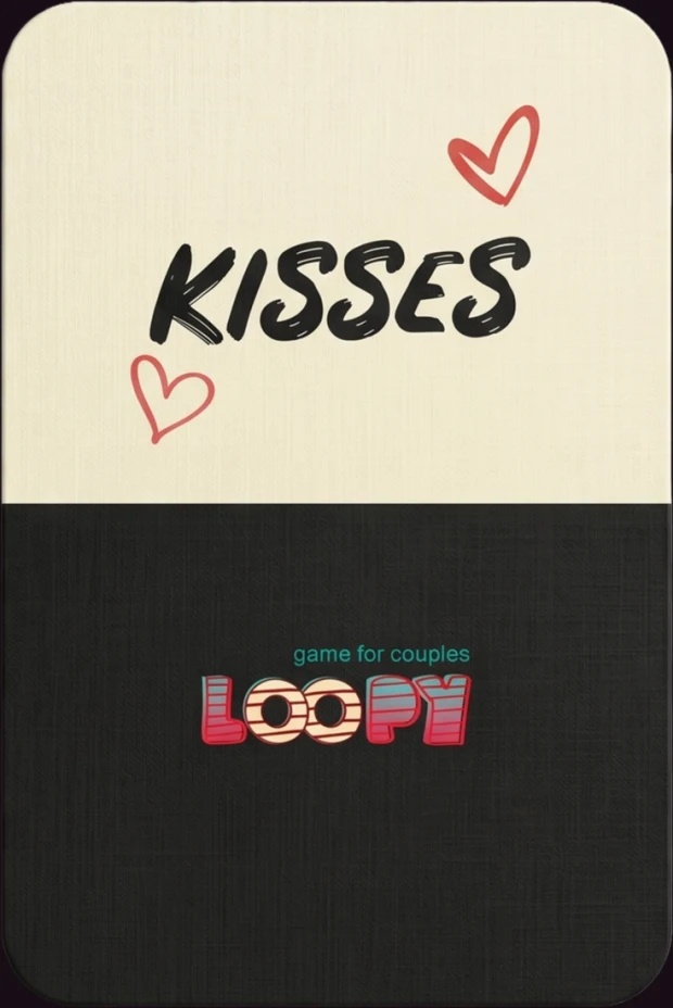 Back of a Loopy Kisses card: cream top with the deck name, black lower half with the Loopy logo