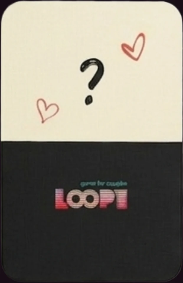 Back of a Loopy Secret card: a question mark on cream above the black half with the Loopy logo