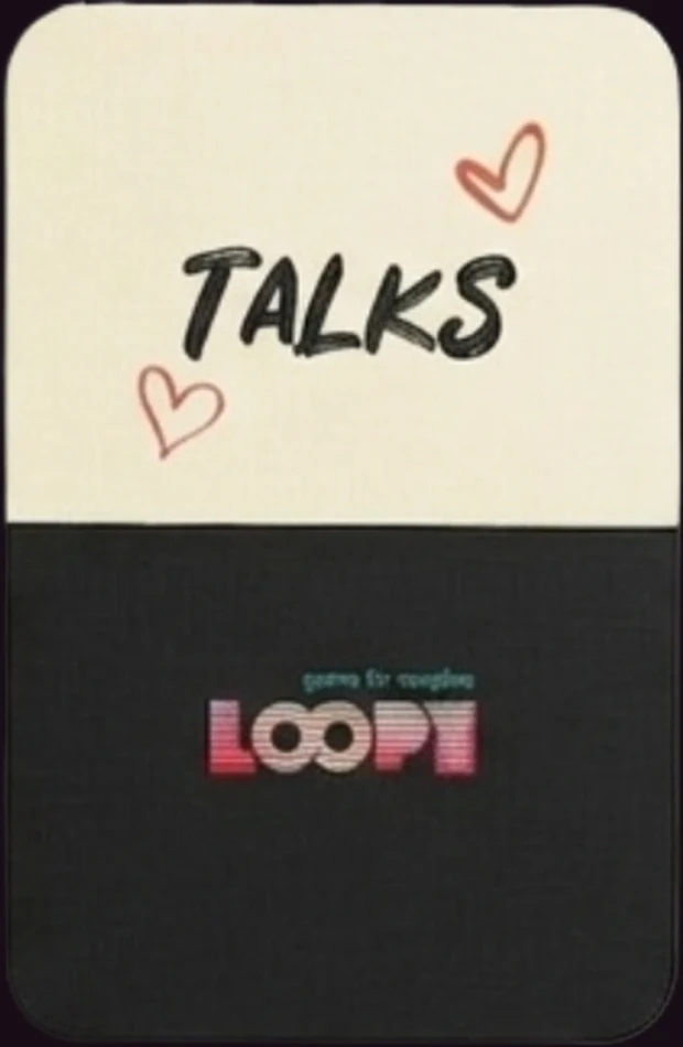 Back of a Loopy Talks card: cream top with the deck name, black lower half with the Loopy logo