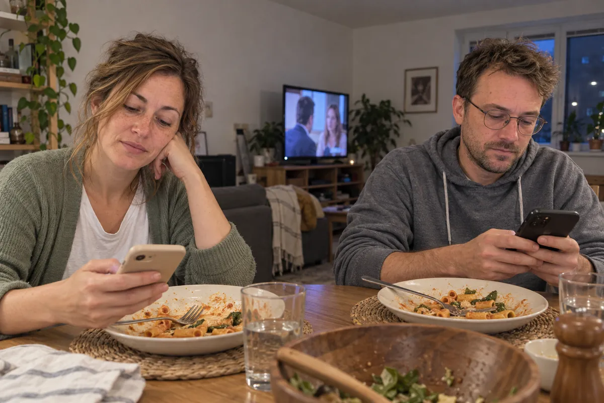 The same couple at the dinner table, both scrolling their phones over half-eaten pasta while the TV plays behind them