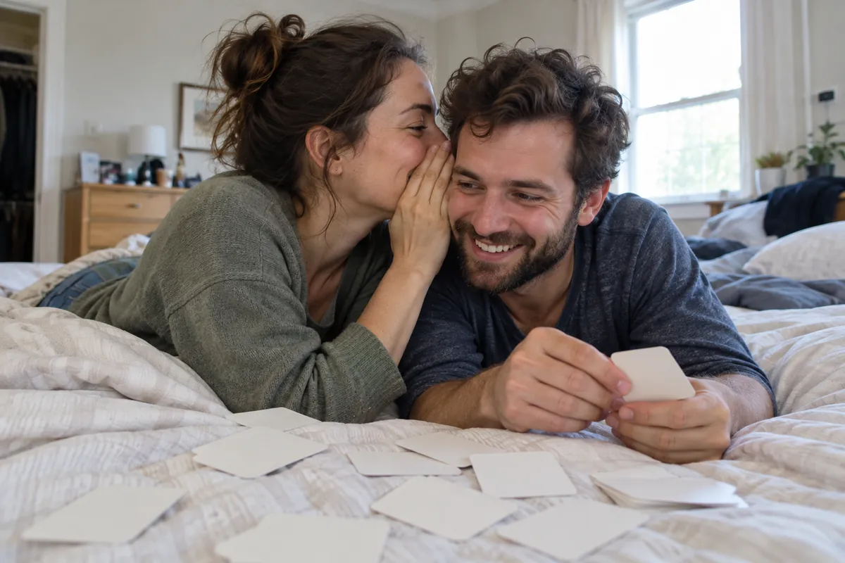 Woman whispers in her partner's ear as they lie on an unmade bed with blank cards spread across the duvet