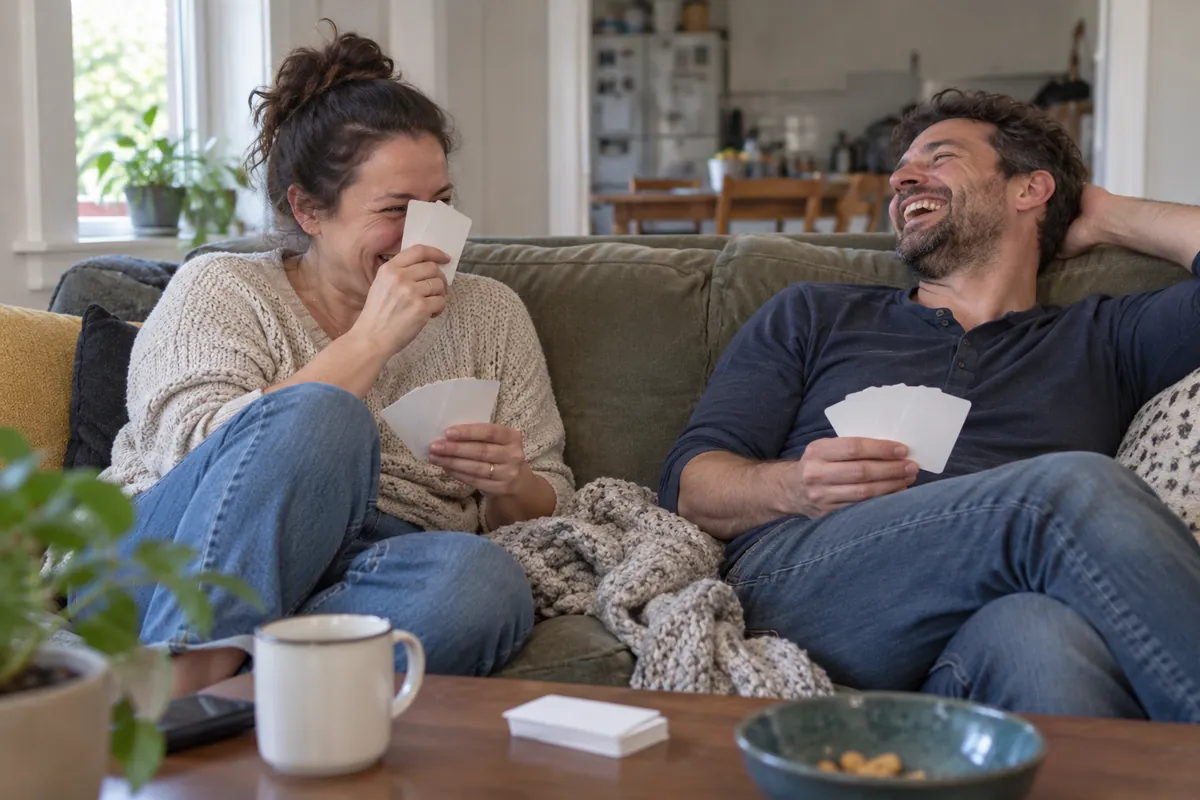 Couple laughing on a green sofa, she hides her face behind a card and he leans back holding his hand of cards