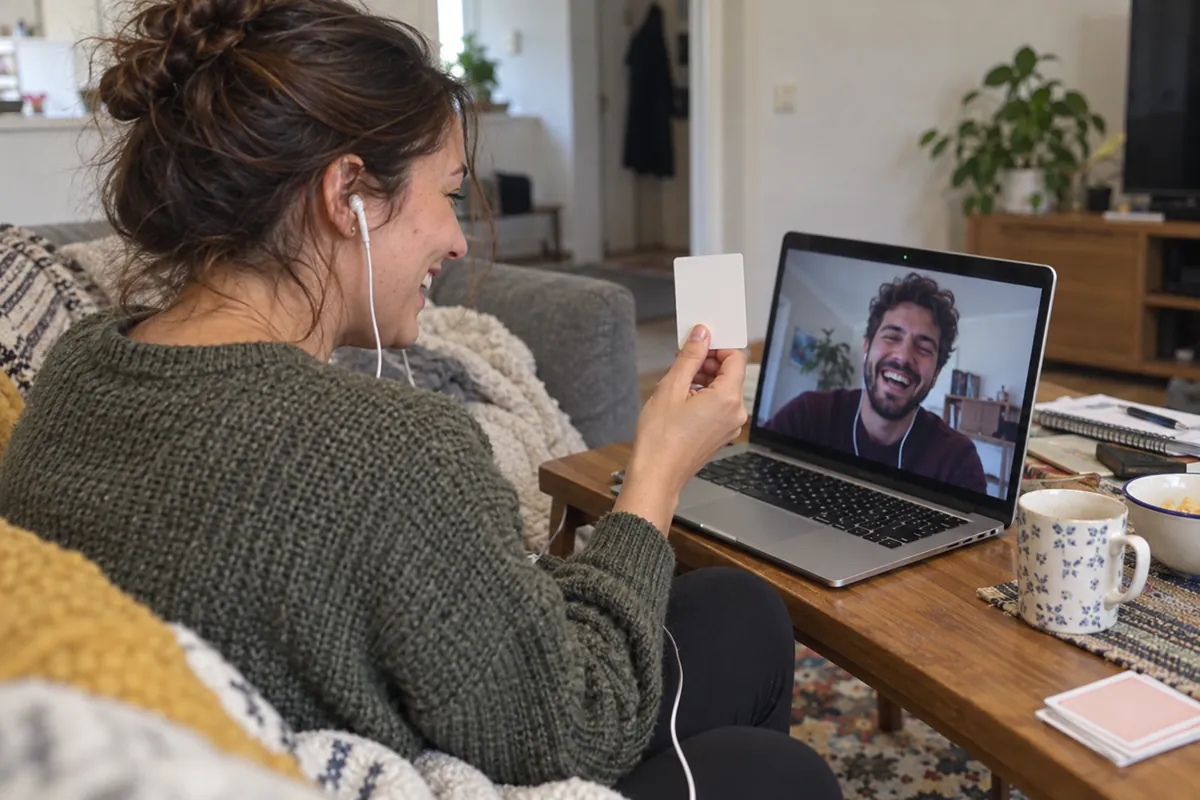 Woman on a sofa holds a card up to her laptop while her boyfriend laughs on the video call
