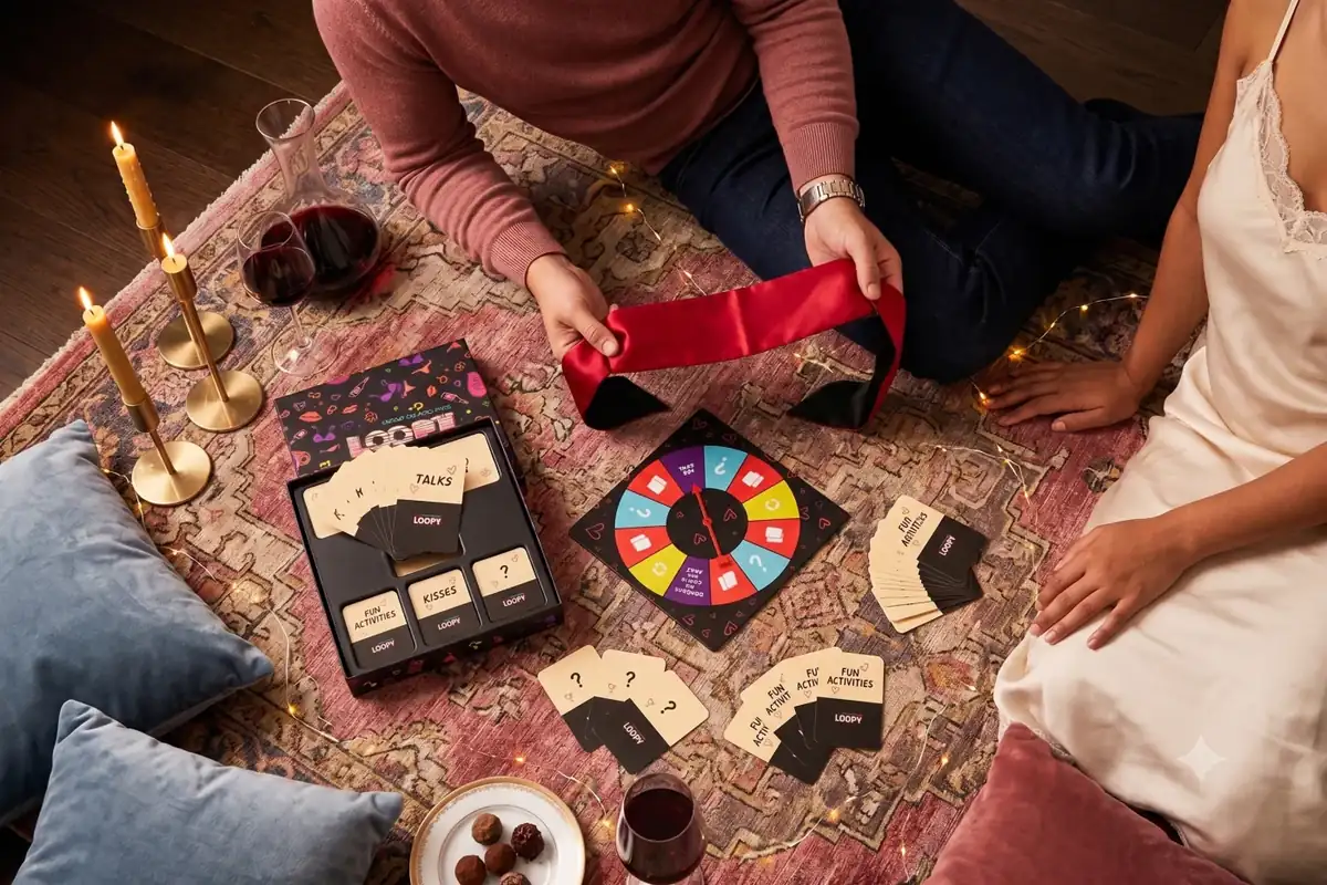 A couple on a rug by candlelight, one holding a red blindfold over the Loopy spinner board, card tray and cards