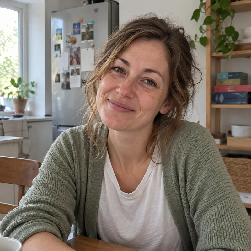 Nora Ellison smiling at her kitchen table in a sage-green cardigan, a fridge covered in photos and a shelf of game boxes behind her