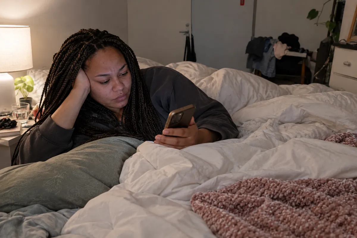 Woman with long braids lying alone on her bed at night, looking tiredly at her phone
