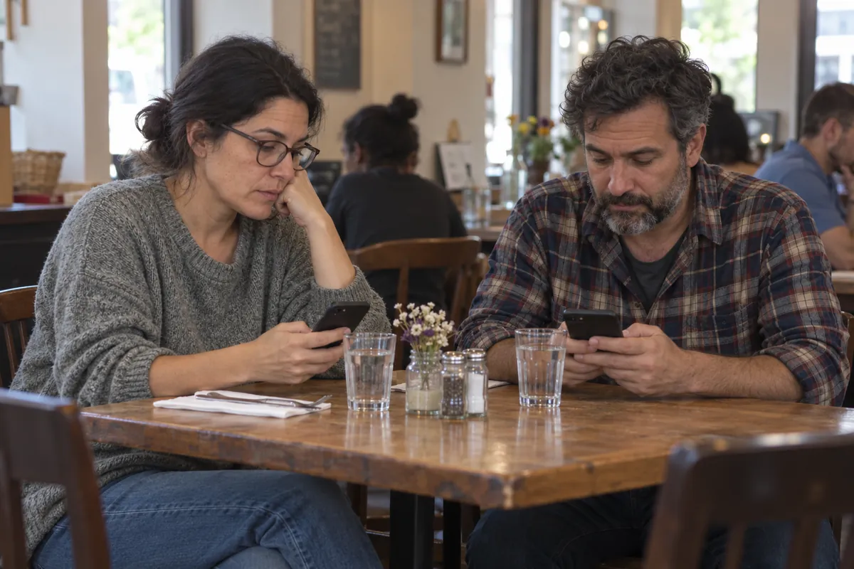 Couple at a cafe table both looking down at their phones, not talking, while they wait for their food