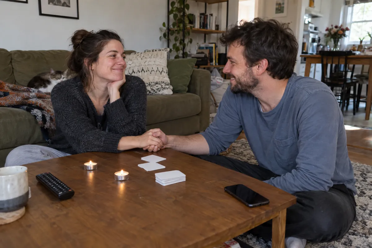 Couple sitting on the floor holding hands across a coffee table with two tea lights, a small deck of cards and a TV remote