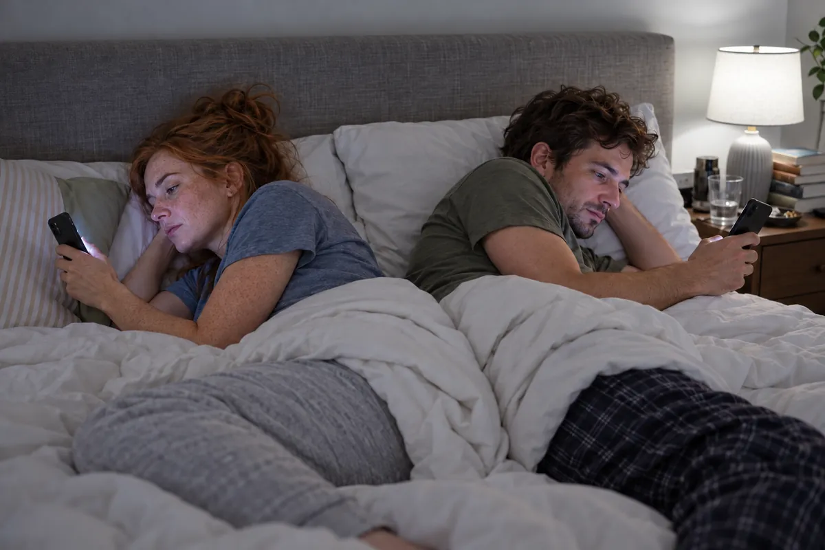 The same couple lying in bed under the duvet, each scrolling their own phone without looking at each other