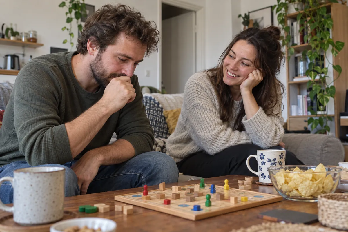 Man thinks over his next move in a wooden board game while his partner smiles at him, mugs and a bowl of crisps on the coffee table