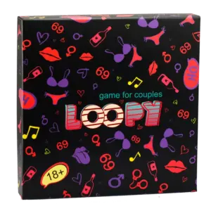 Front of the Loopy box: black lid covered in lips, hearts and 69 doodles, marked game for couples and 18+