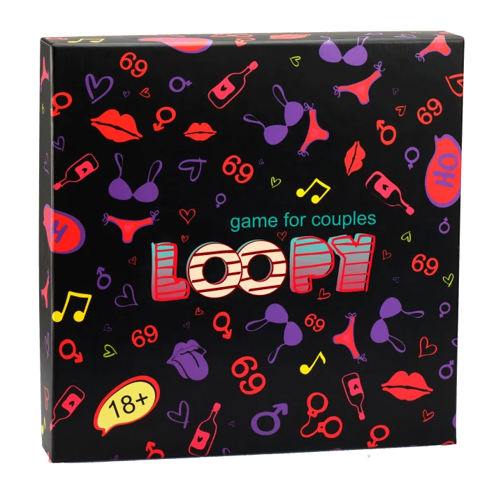 Front of the Loopy box: black lid covered in lips, hearts and 69 doodles, marked game for couples and 18+
