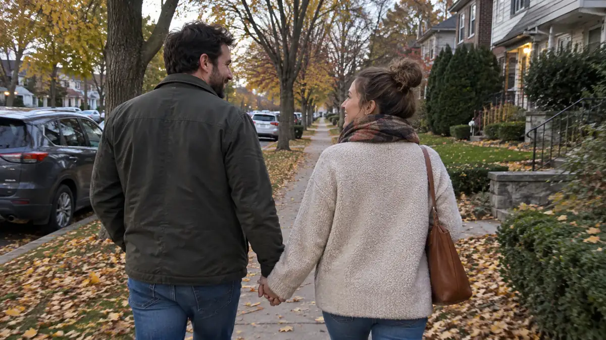 Couple walking hand in hand down a leafy residential street in autumn, seen from behind