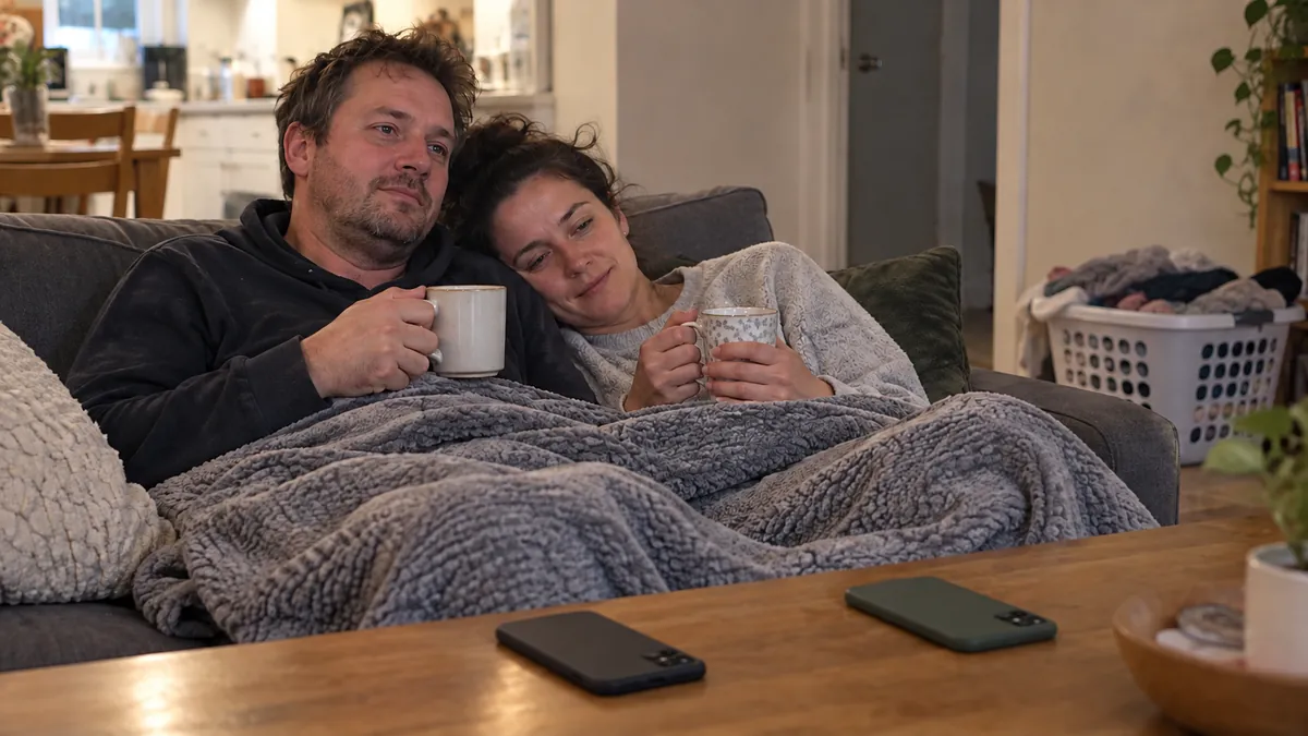 Couple under one blanket on a sofa holding mugs, both phones lying face down on the coffee table