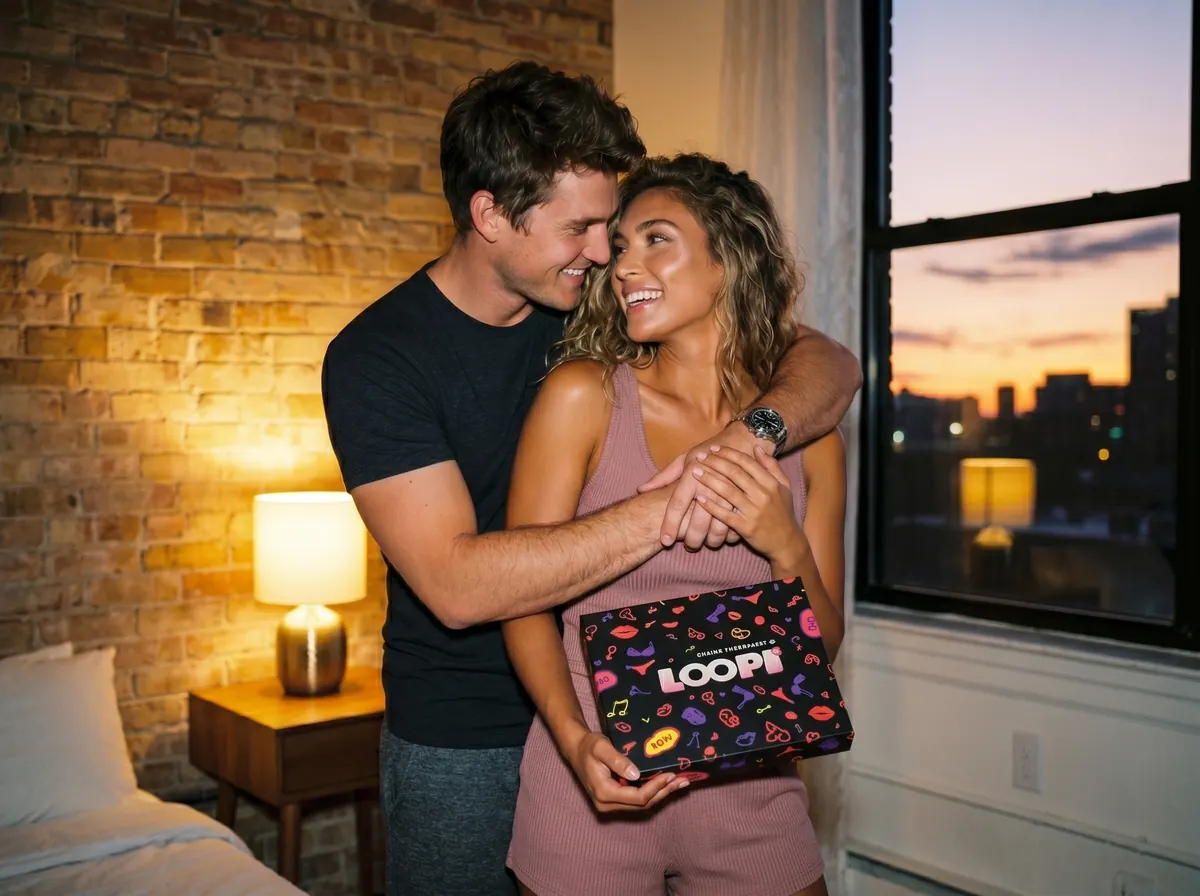 Man hugs his partner from behind by a window at dusk while she holds the Loopy box