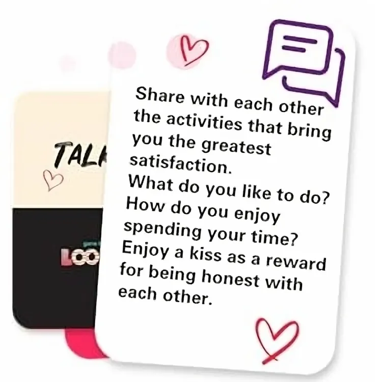 A Loopy Talks card asking partners to share the activities that bring them the most satisfaction, with a kiss as reward